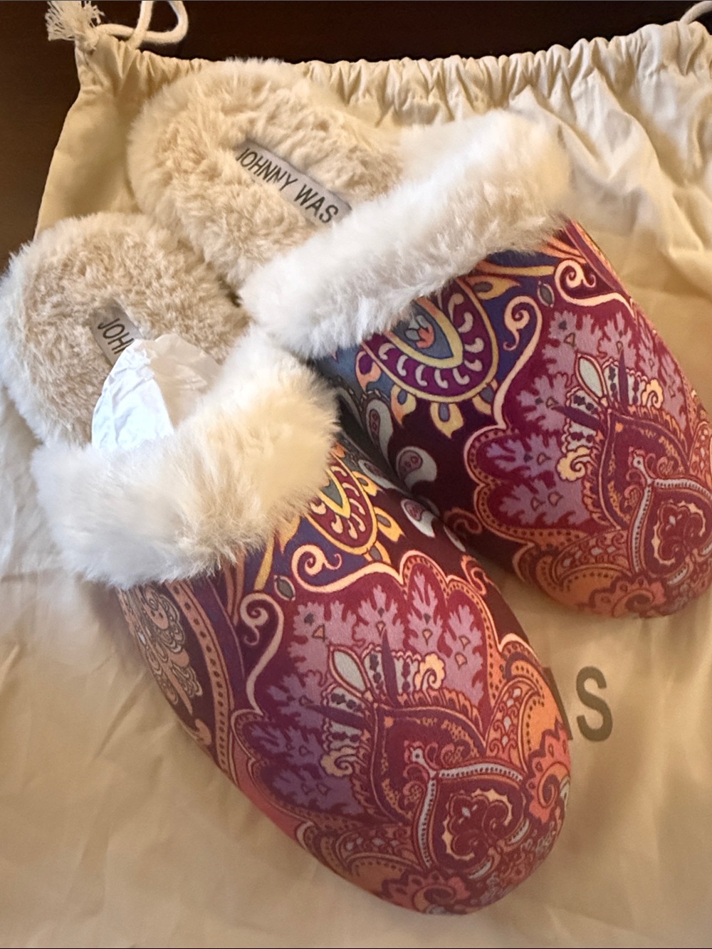 Johnny Was Pink and Orange Paisley Plush-Lined Slippers - Picture 2 of 4